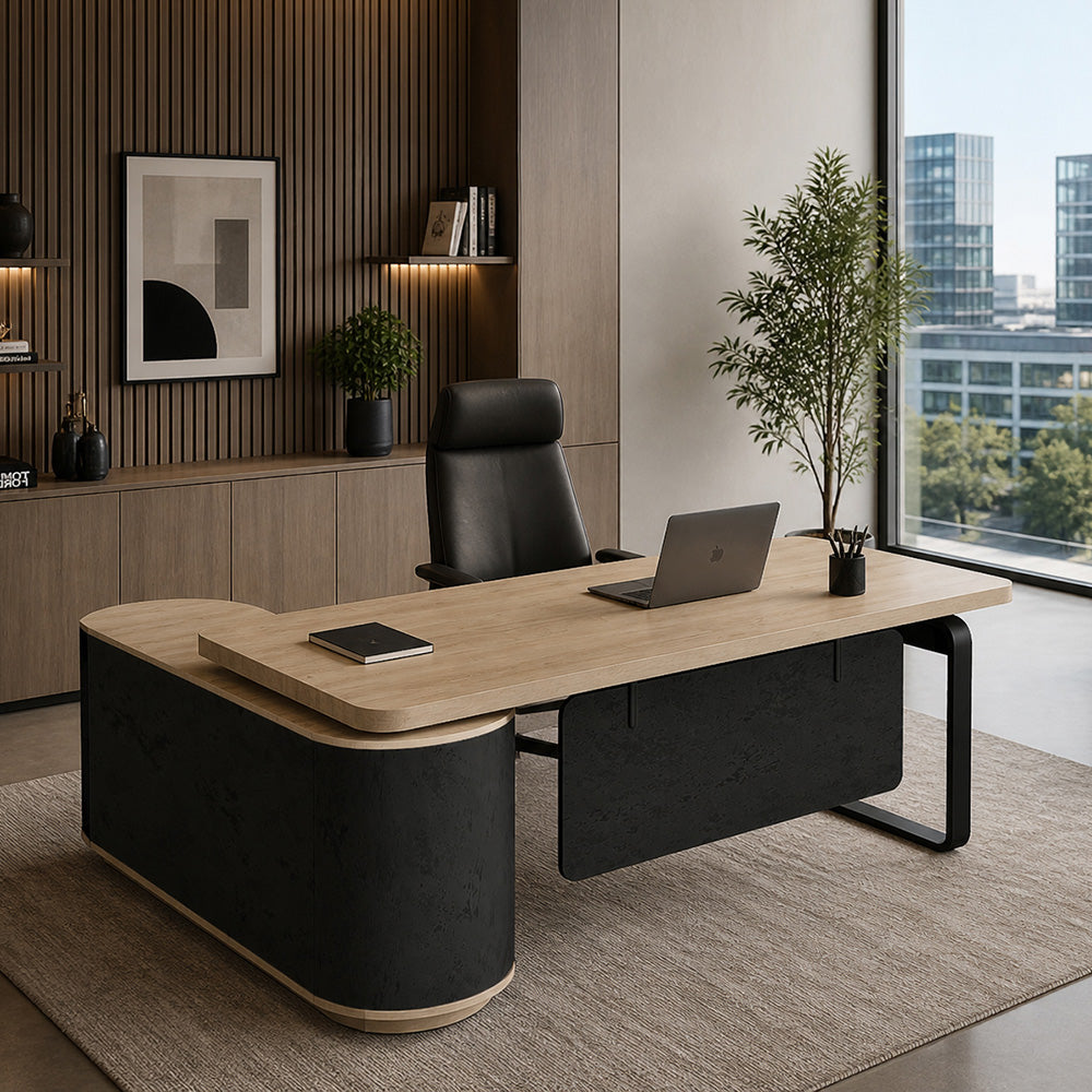 VENTURA 180-200cm Reversible Executive Desk - Left or Right Return - Oak & Black