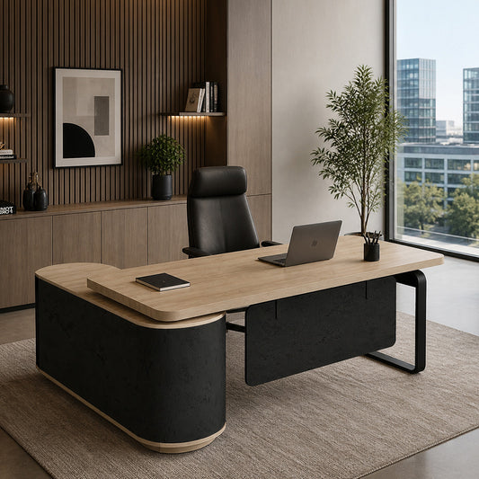 VENTURA 180-200cm Reversible Executive Desk - Left or Right Return - Oak & Black