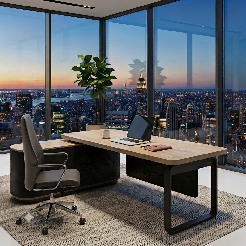 VENTURA 220-240cm Reversible Executive Desk - Left or Right Return - Oak & Black