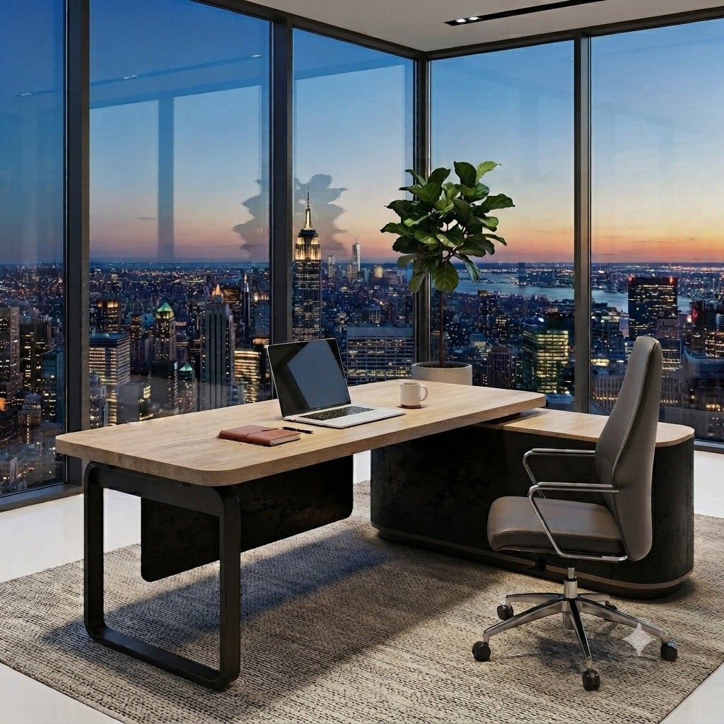 VENTURA 220-240cm Reversible Executive Desk - Left or Right Return - Oak & Black
