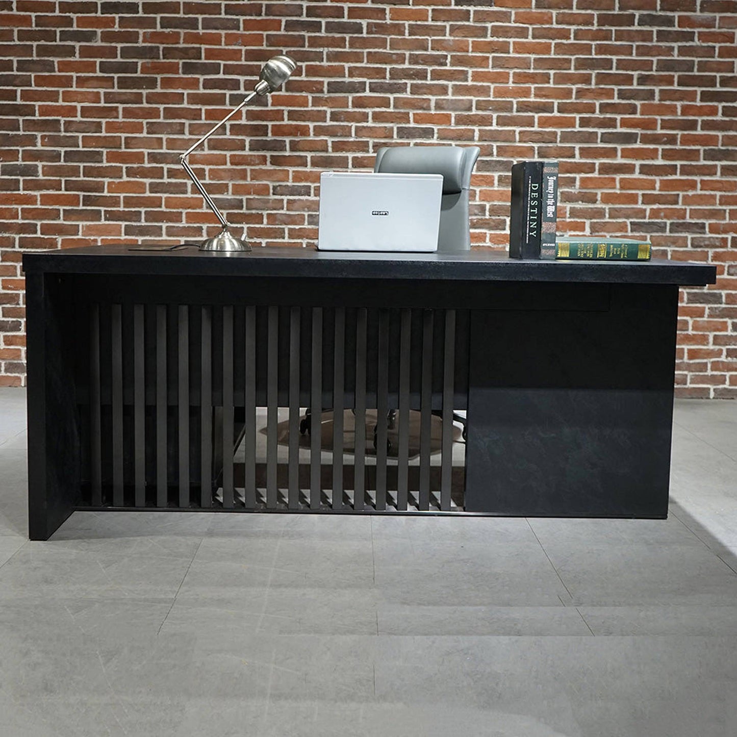 AFTAN Black Executive Desk with Pedestal & Right Mobile Return 180cm - Black Concrete