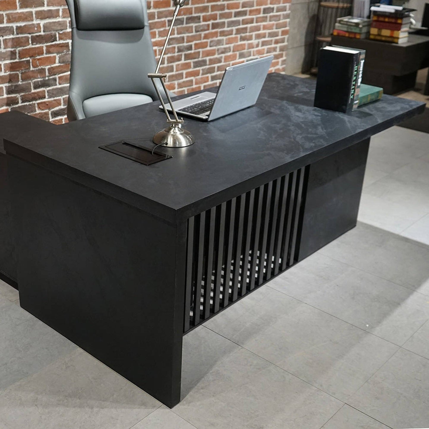 AFTAN Black Executive Desk with Pedestal & Right Mobile Return 180cm - Black Concrete