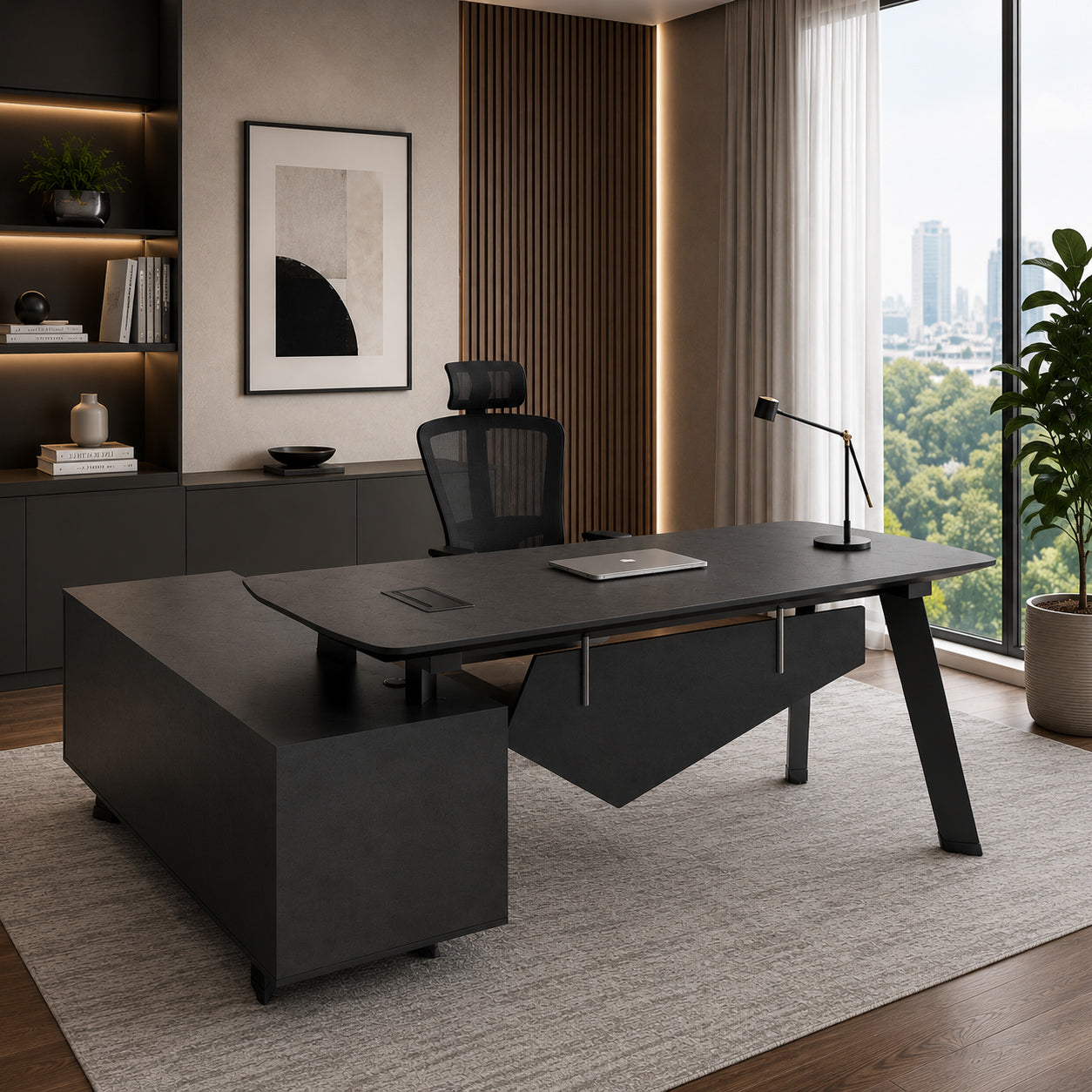 ARTO Black Executive Office Desk with Reversible Return 180-200cm - Black Concrete