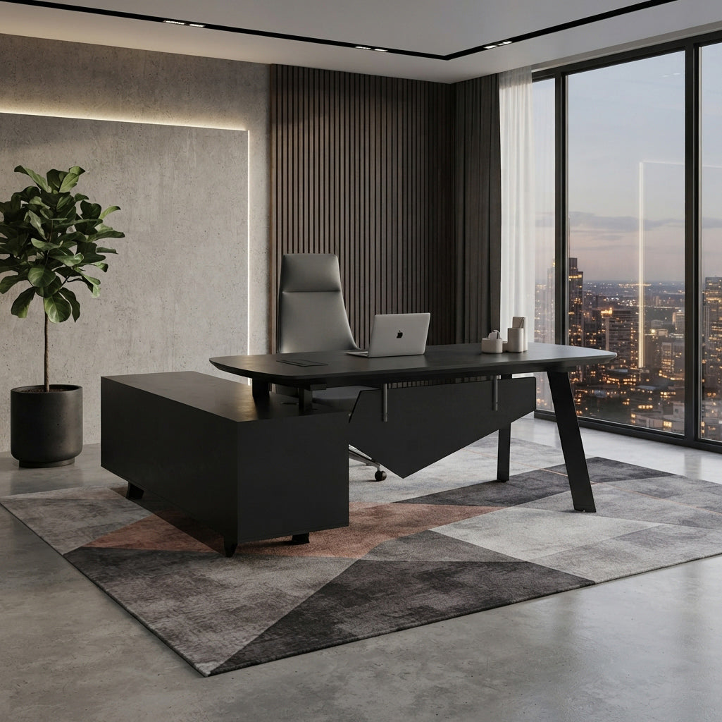 ARTO Black Executive Office Desk with Reversible Return 180-200cm - Black Concrete