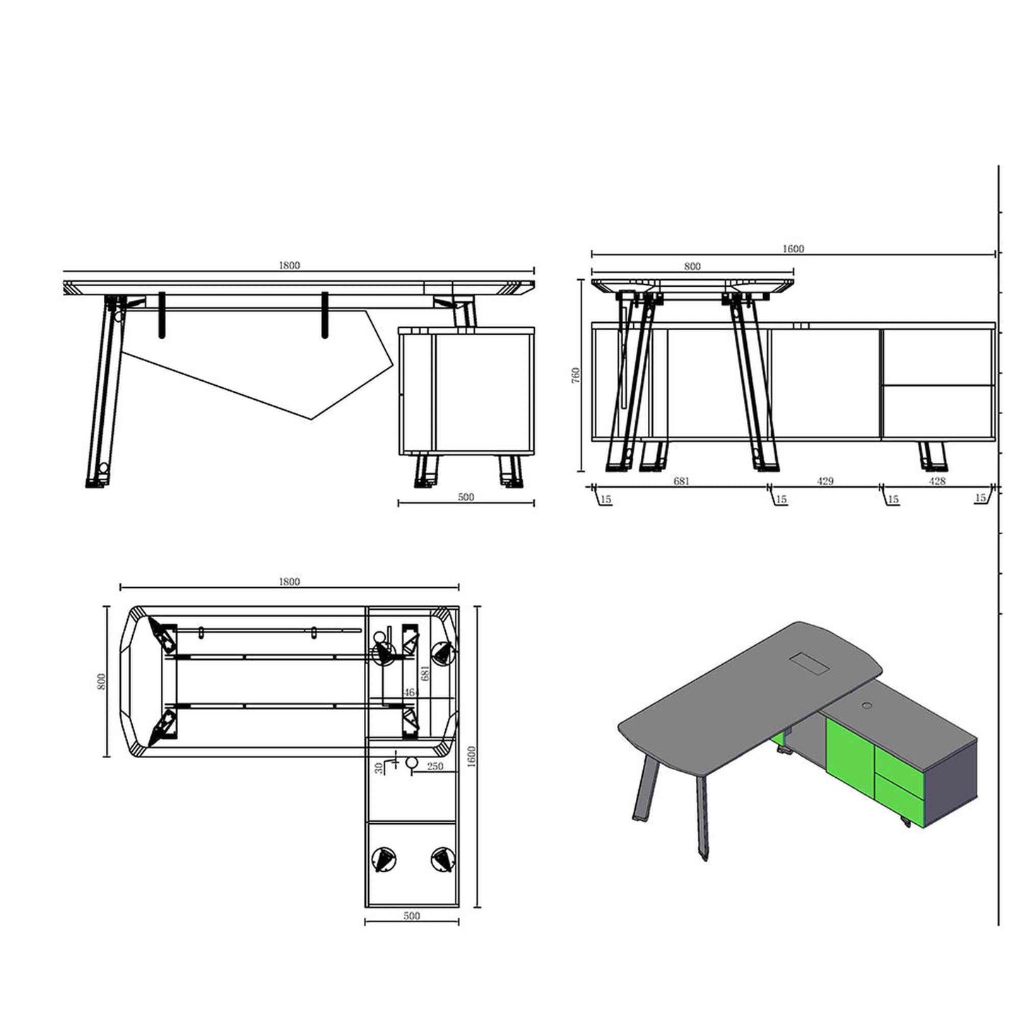 ARTO Executive Office Desk with Reversible Return 1.8M - 2.0M - Warm Oak & Black