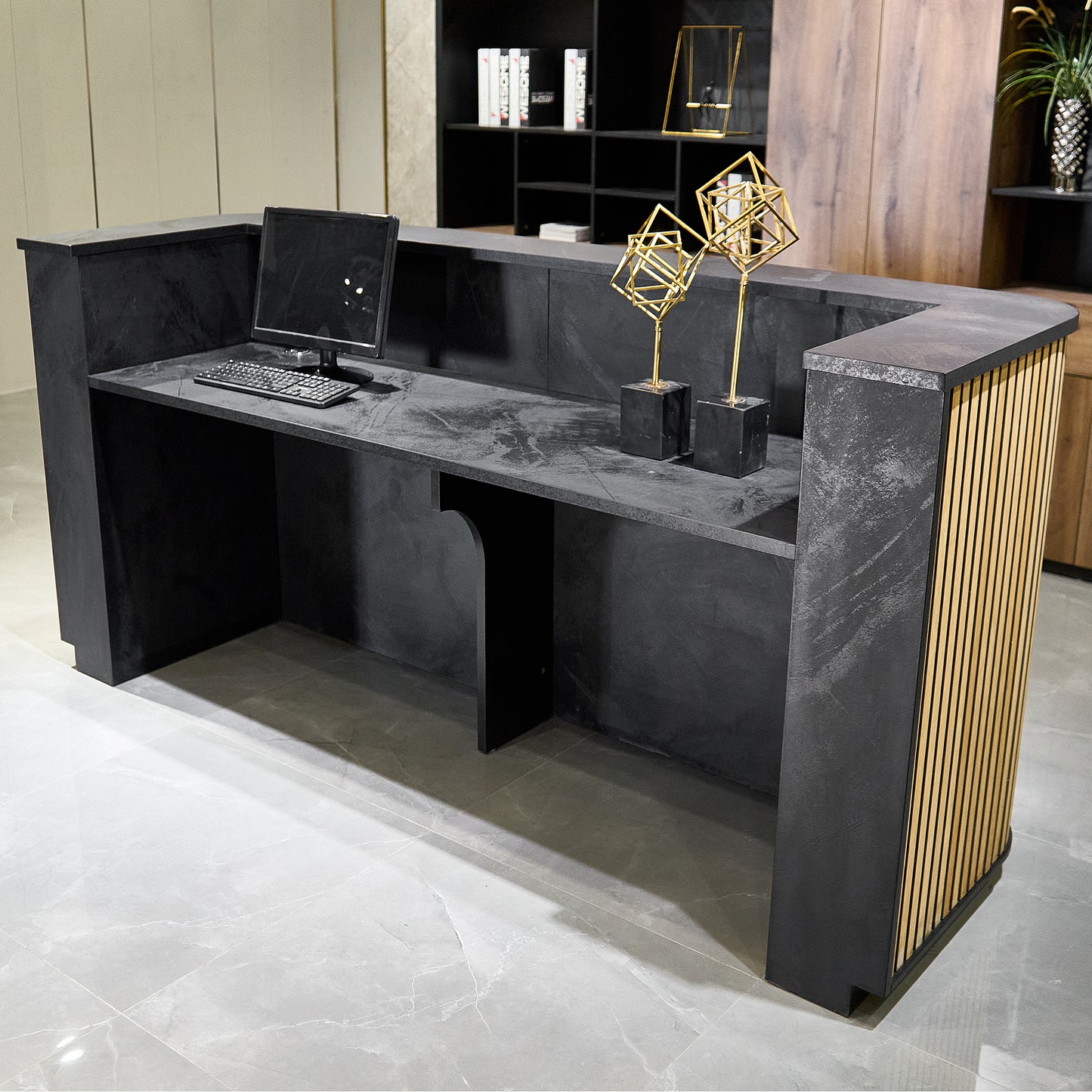 HALO Reception Desk 180cm - Oak / Black on Black