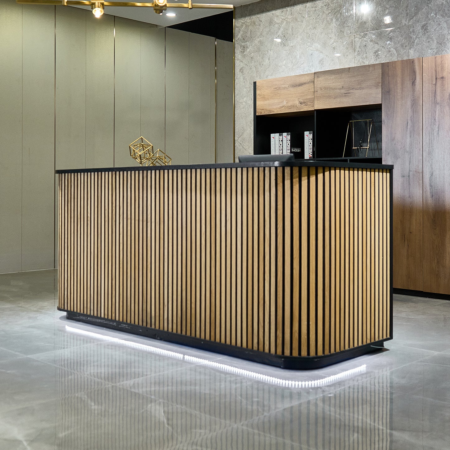 HALO Reception Desk 180cm - Oak / Black on Black