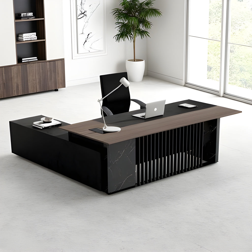 MADEIRA Executive Desk 220cm Right Return - Hazelnut & Black Concrete