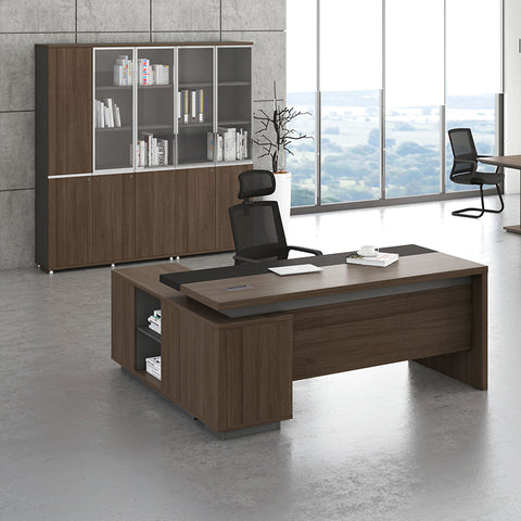 Carter Executive Office Desk + Right Return - 180cm - Coffee + Charcoal