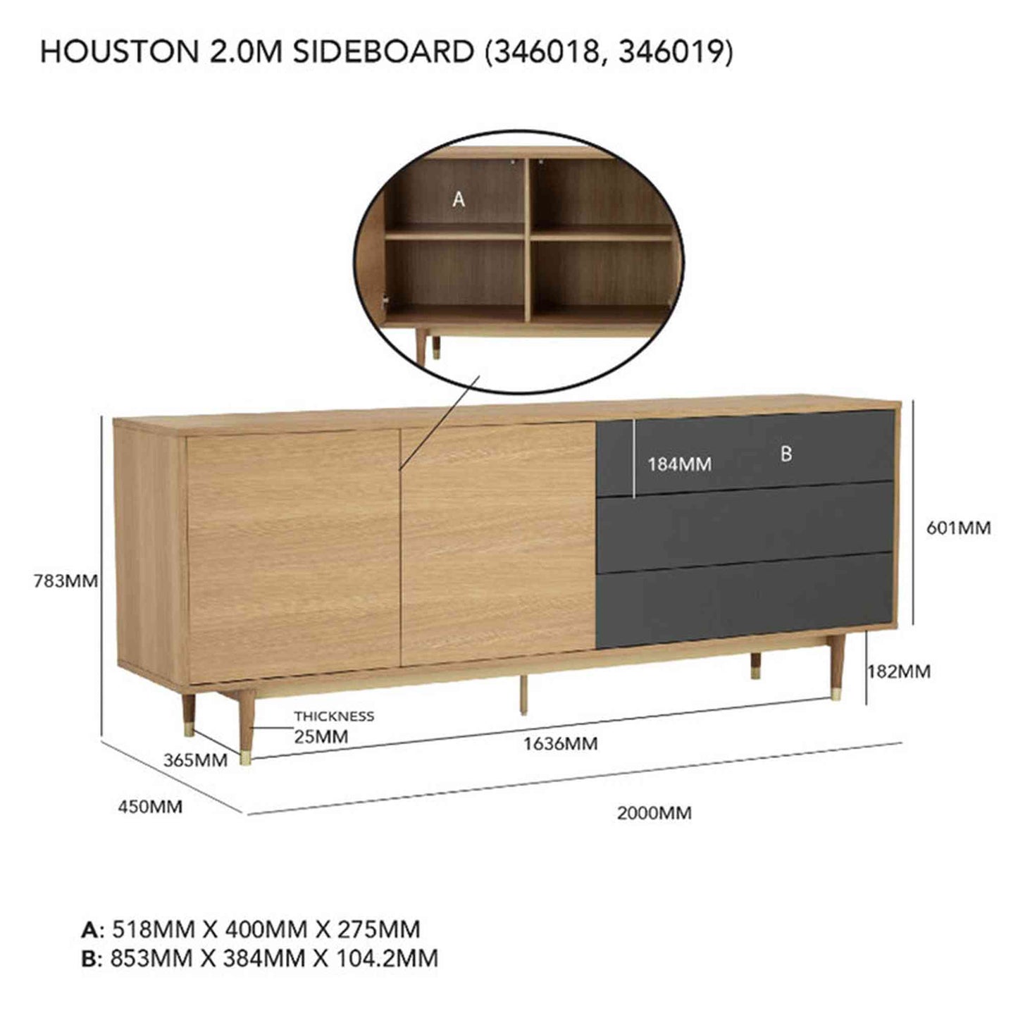 HOUSTON 200cm Sideboard Buffet - Oak & Grey