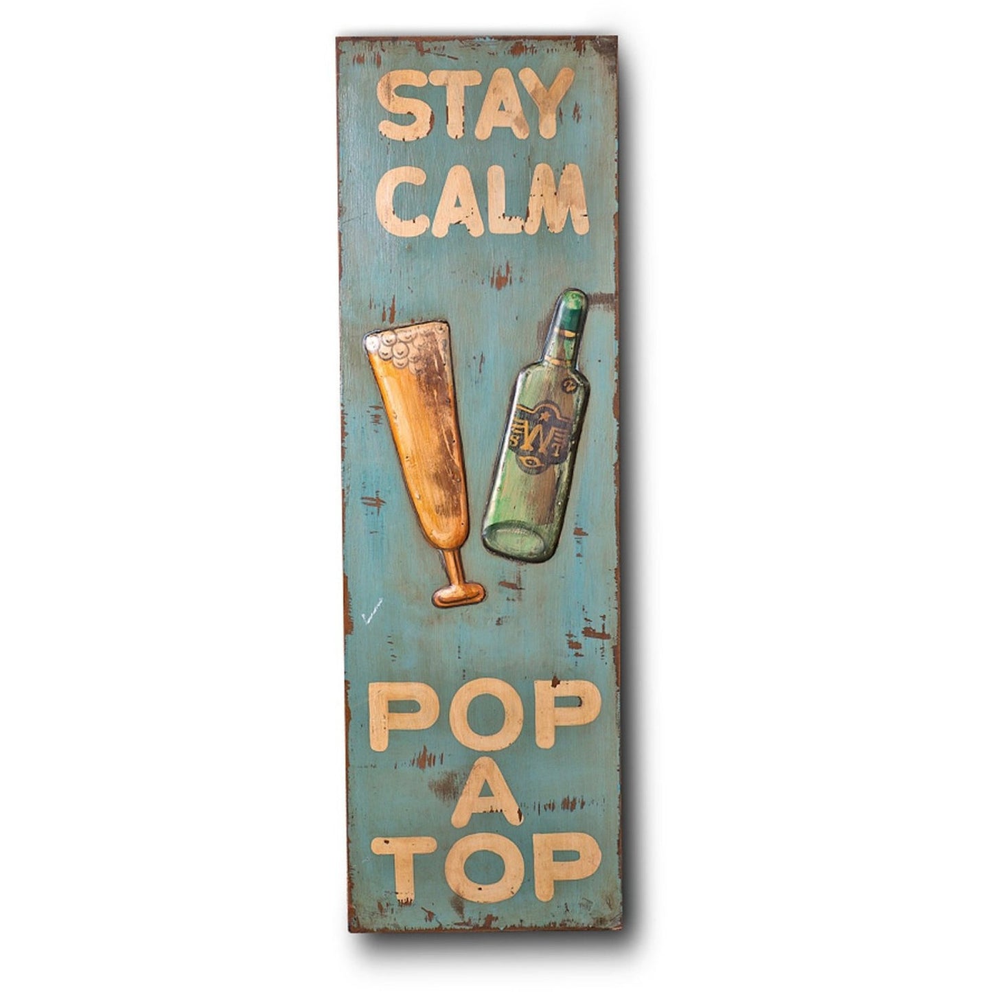 Wooden Print "Stay Calm Pop A Top" In Antique Blue,Home Decor,Wall Hangings,Modern Furniture