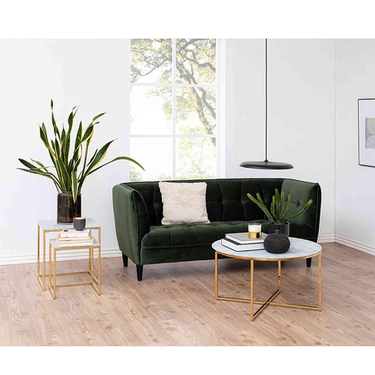 KOLINA Glass Marble Round Coffee Table 80cm - White/ Gold Chrome