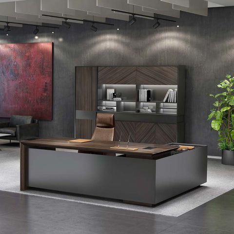 ARMANDO Executive Desk 220cm Left Return - Hazelnut & Grey